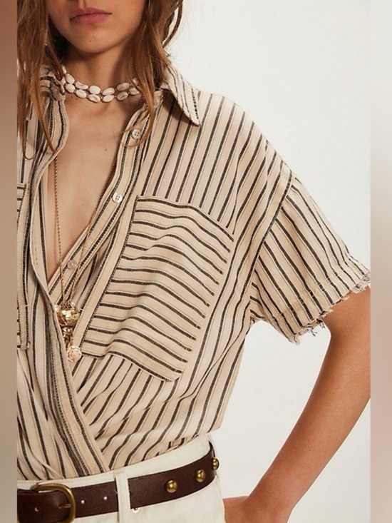 Striped Short-Sleeve Button Front Top in Beige - Picture 5 of 7